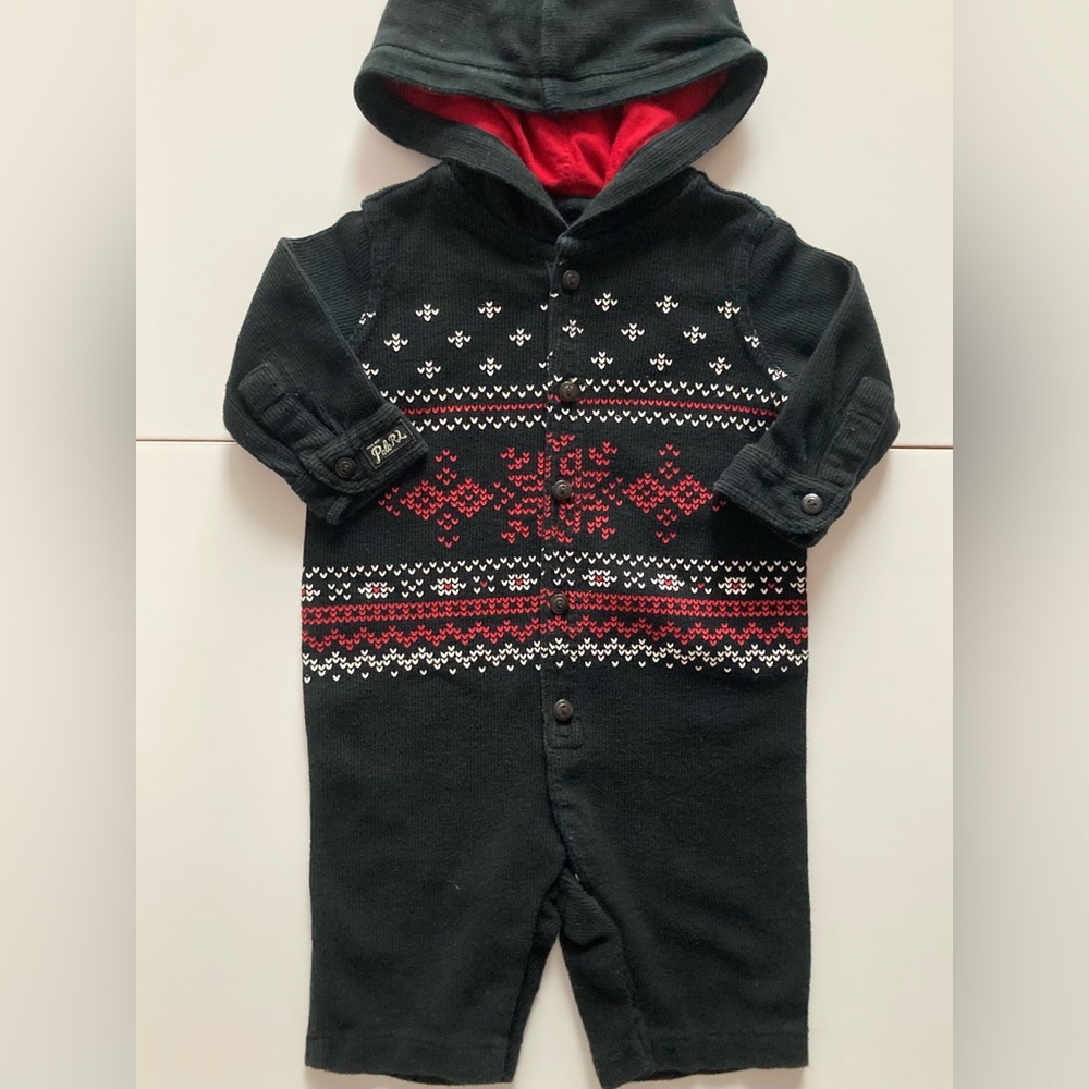 Ralph Lauren Black Hooded Knit Jumpsuit with Red & White Fair Isle